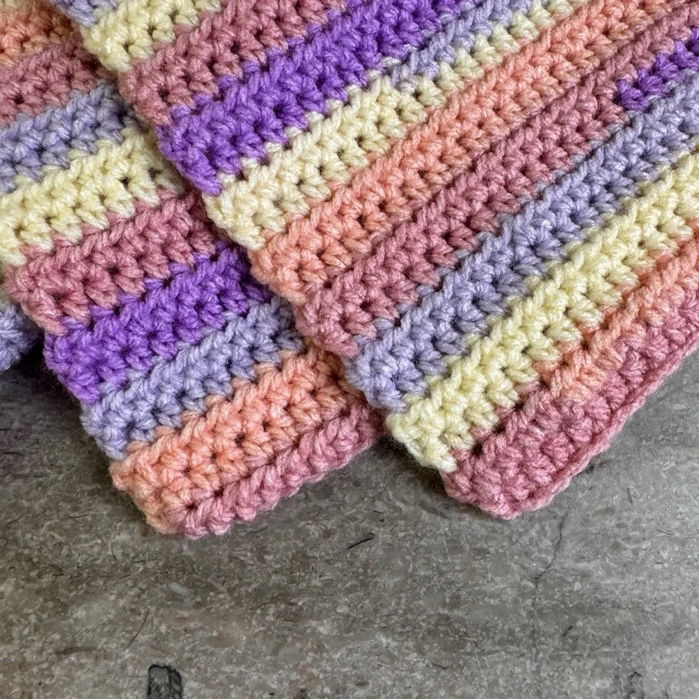 Pastel Purple Peach Blue Yellow Crochet Crib Baby Blanket, Extra Soft, 28 X 28